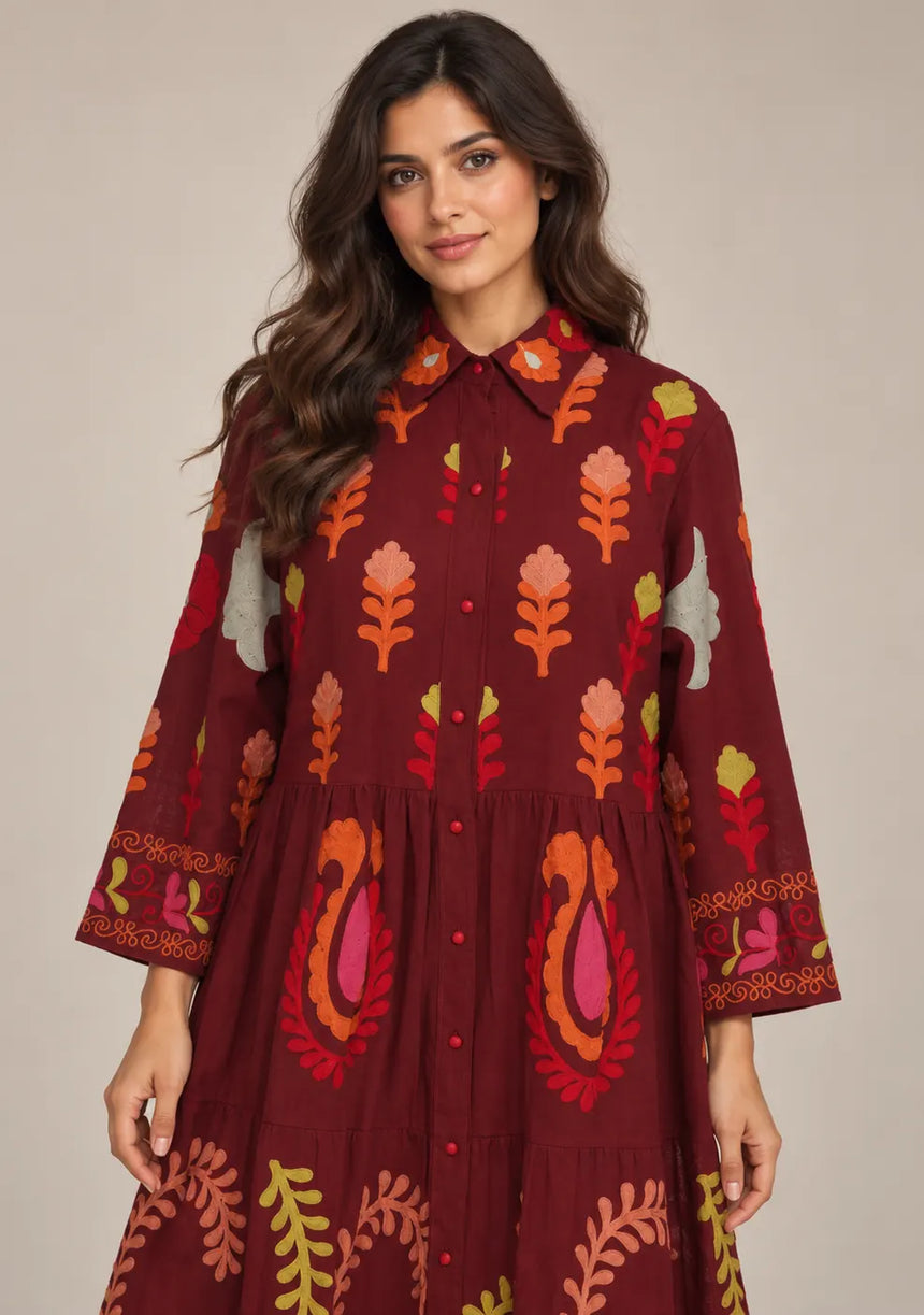 ibBan Embroidered Cotton Tiered Shirt Collor Tunic  - Ambir