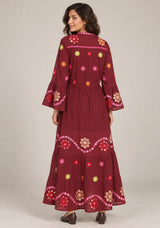 ibBan Embroidered Cotton Long Tunic Dress with Tassel Tie - Sara