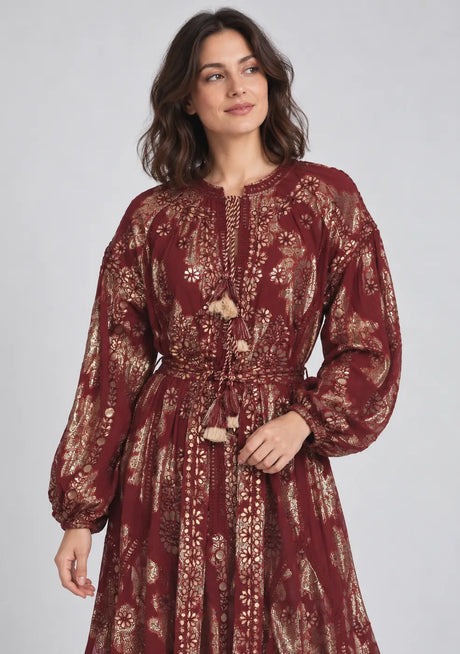 ibBan Floral Lurex Cotton Long Dress - Mavi