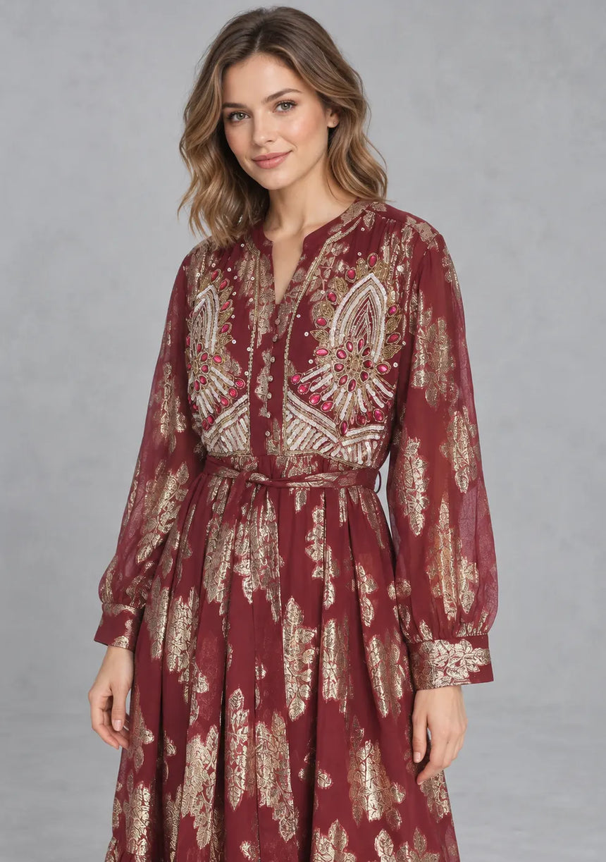 ibBan Embellished Lurex Long Dress with Metallic - Varsha