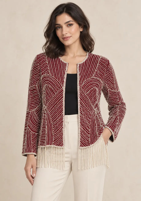 ibabn Women’s Hand Beaded Fringe Jacket - Amaya