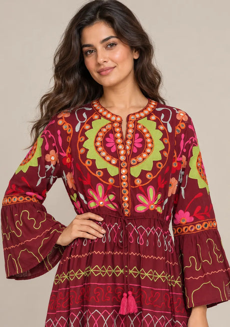 ibBan Embroidered Cotton Long Tunic with Tassel Tie - Hami