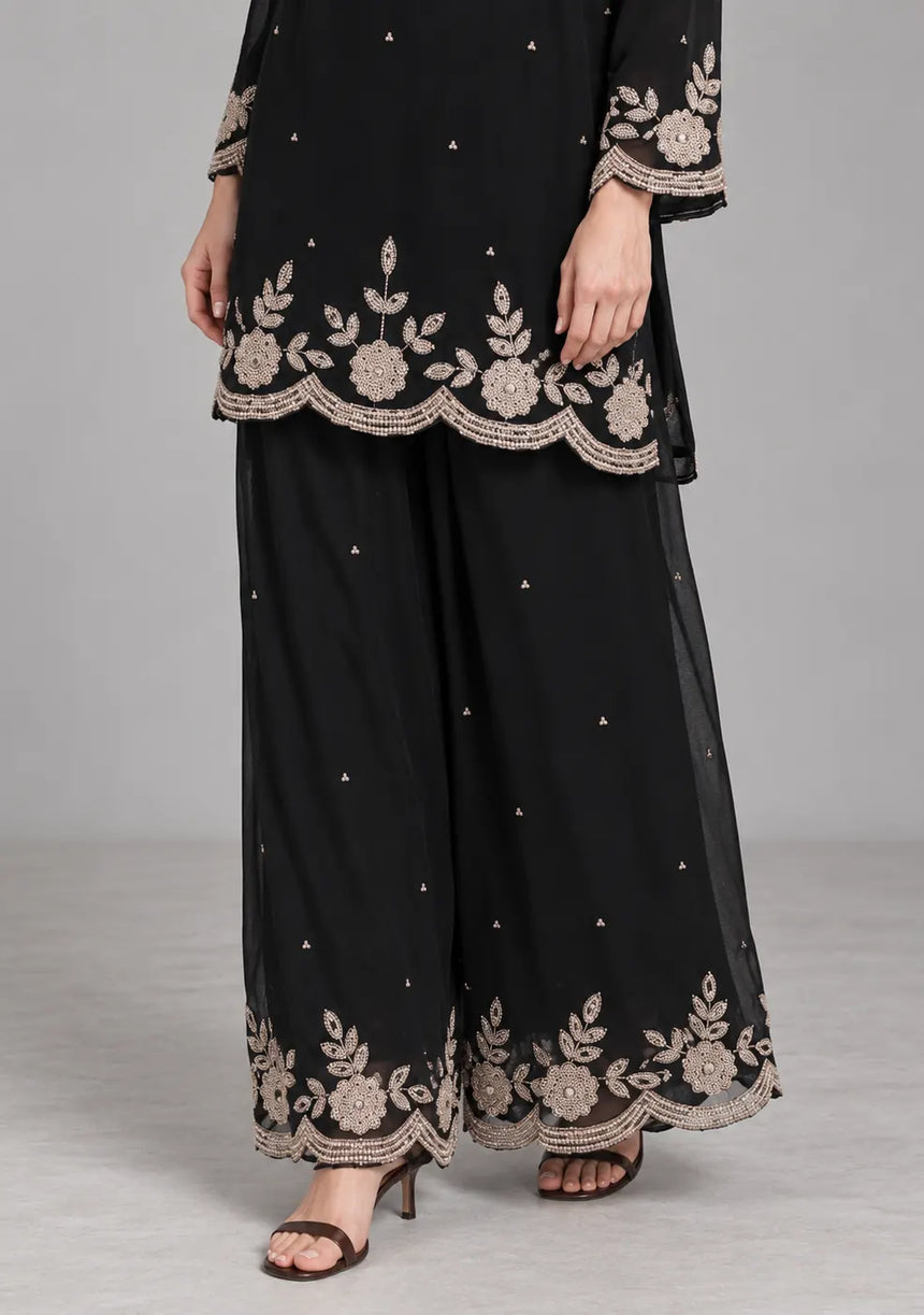 ibBan Black Georgette Kurta Palazzo Set with Hand Embroidery - Jaslyn