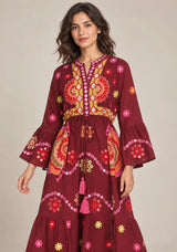 ibBan Embroidered Cotton Long Tunic Dress with Tassel Tie - Sara