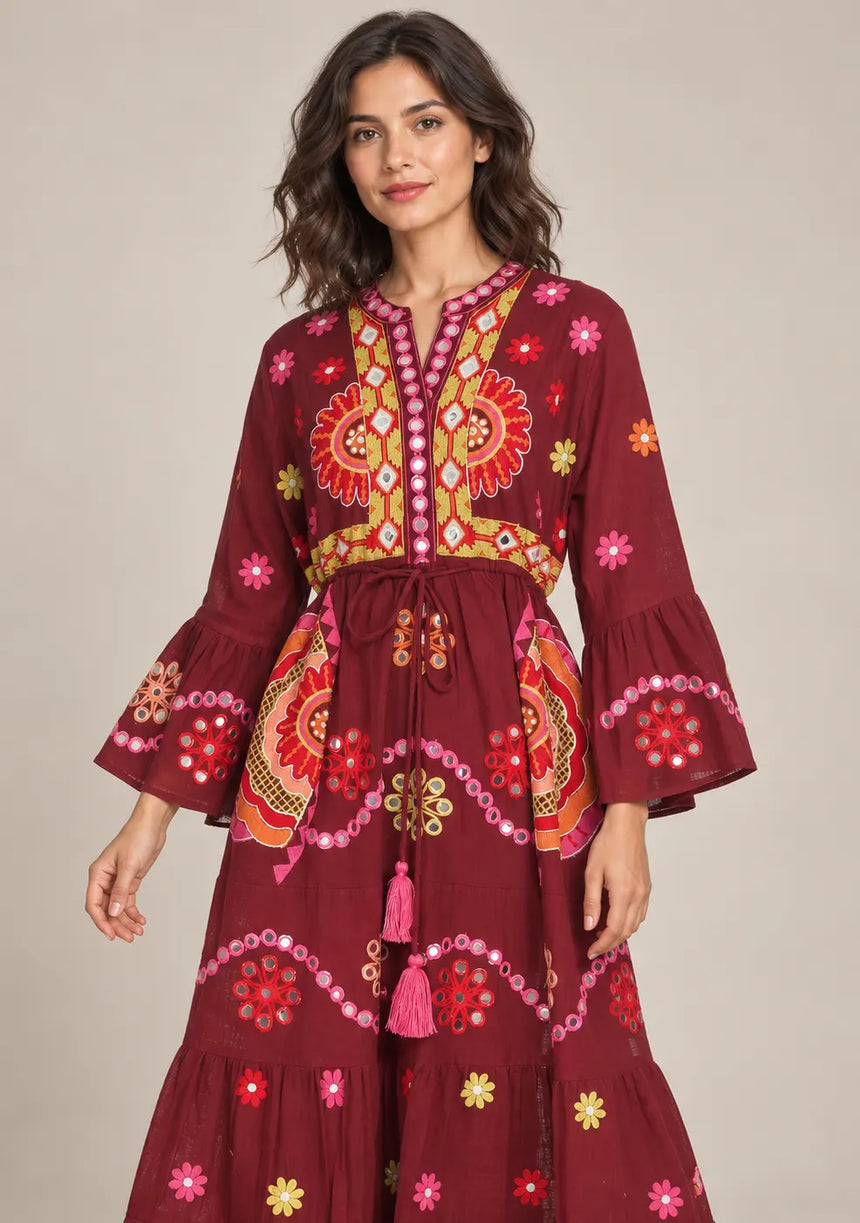 ibBan Embroidered Cotton Long Tunic Dress with Tassel Tie - Sara
