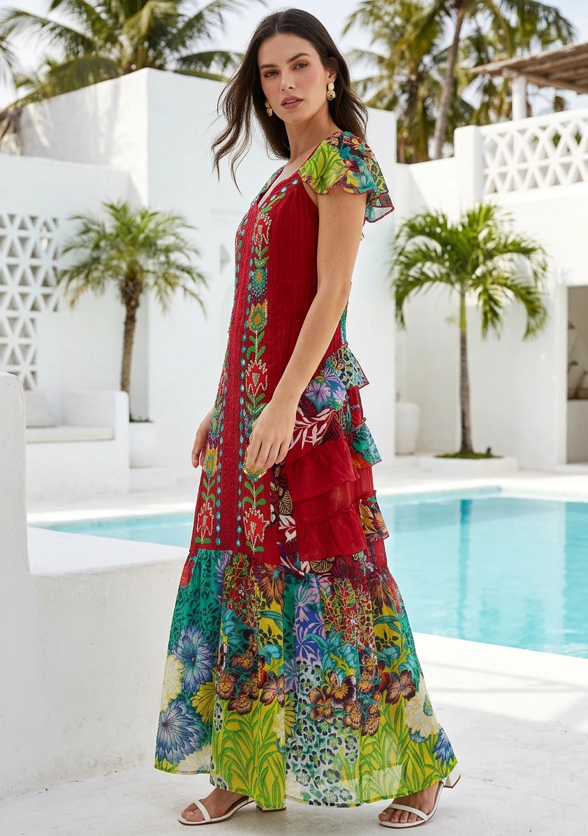 Vestido largo de algodón con cuello en V para mujer - Sanura
