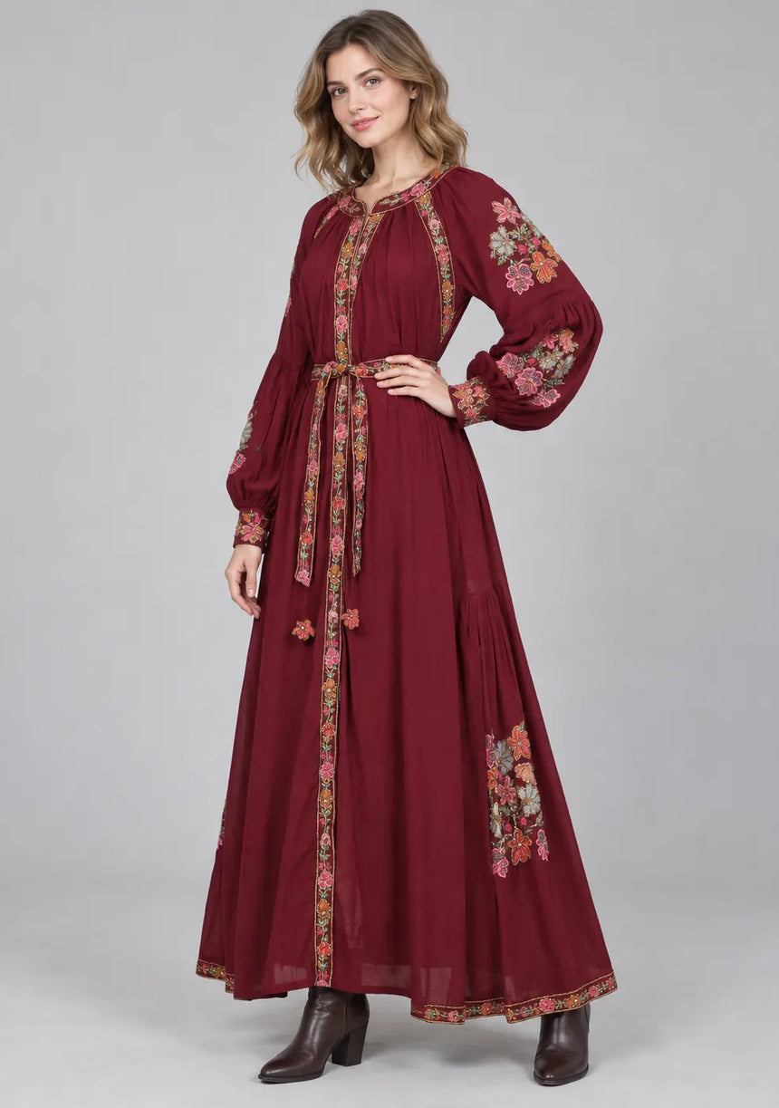 ibBan Floral Cotton Long Dress wint Hand Embroidery - Zayra