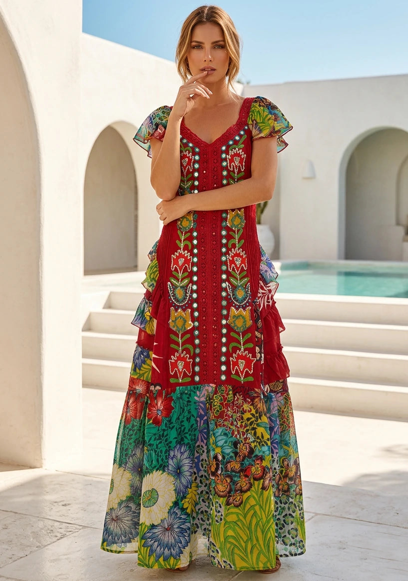 Vestido largo de algodón con cuello en V para mujer - Sanura