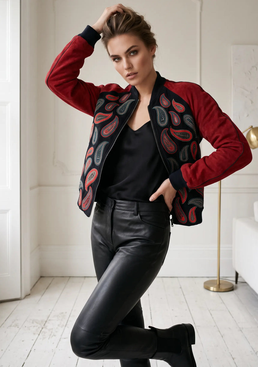 ibBan Women's Winter Leather Sleeve Jacket | Hand Embroidered Designer Bomber -Paisley jacket
