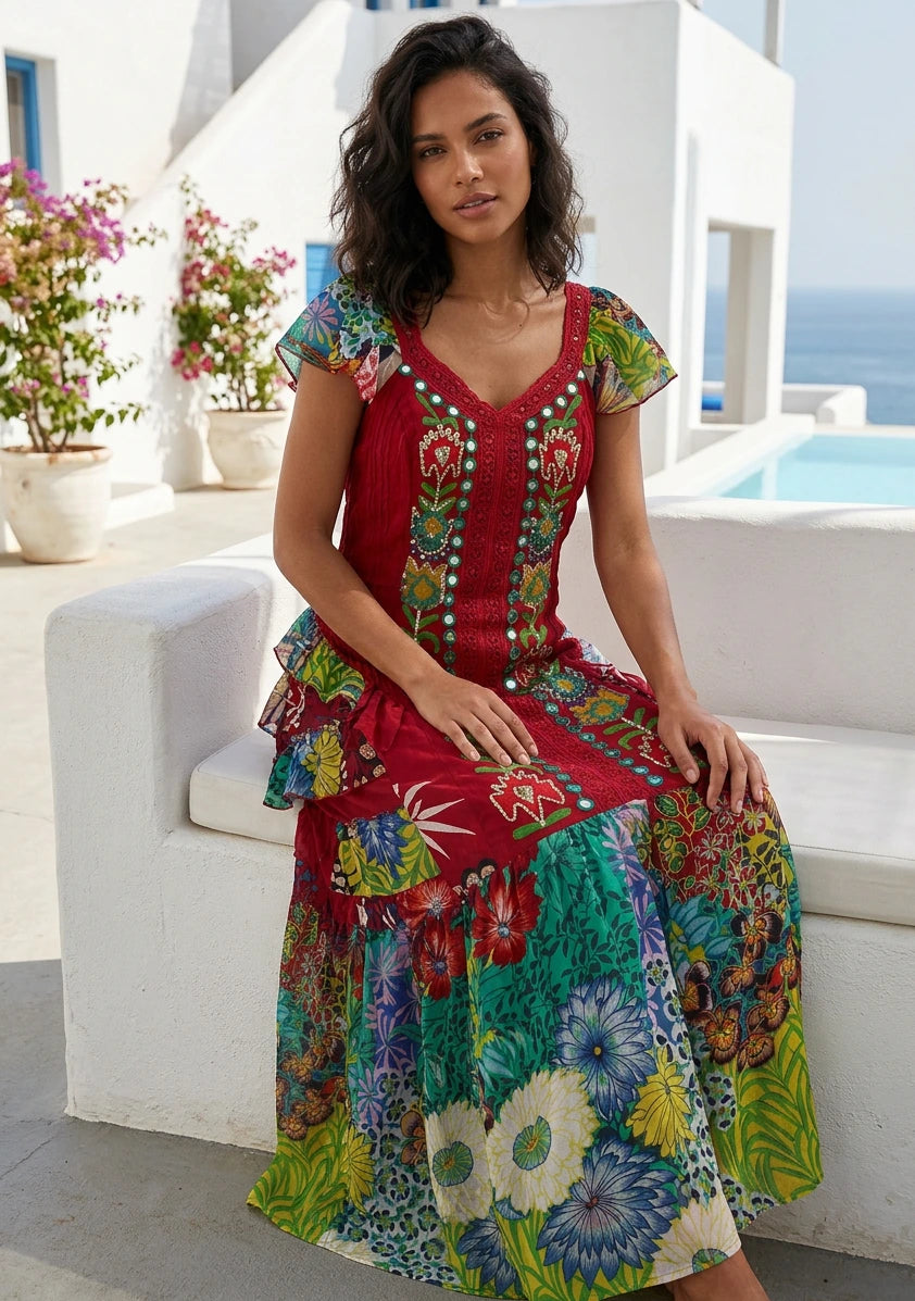 Vestido largo de algodón con cuello en V para mujer - Sanura