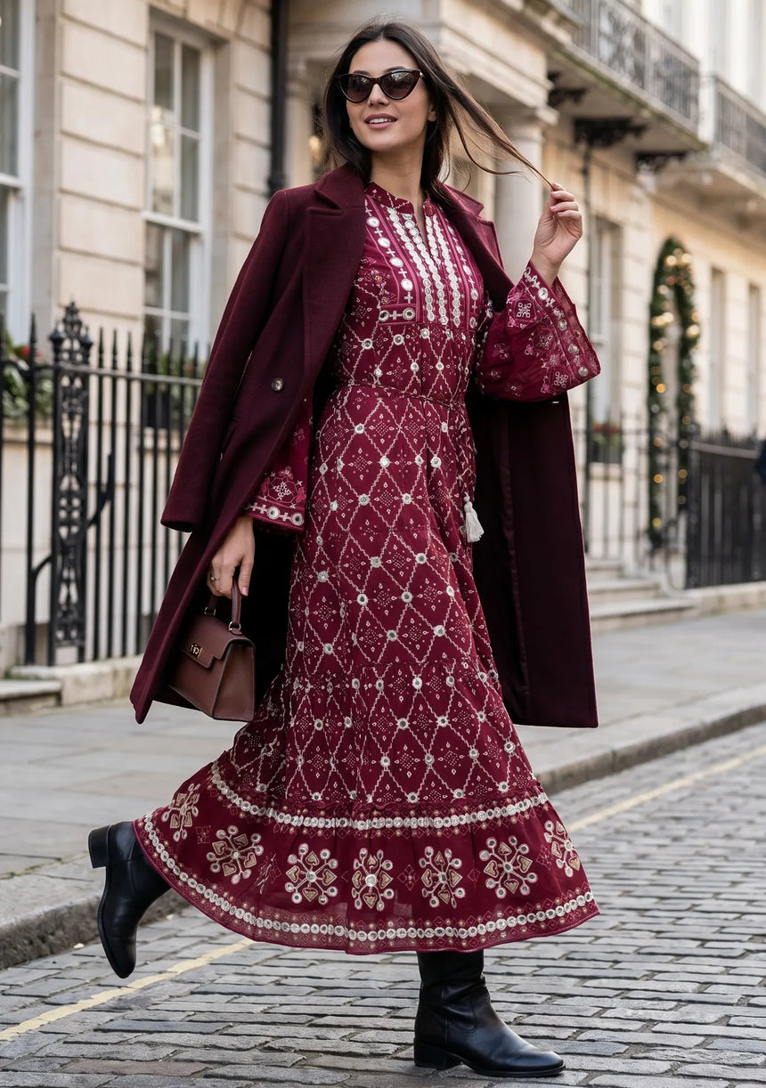 ibBan Hand Embroidered Winter Tunic Dress | Luxury Bohemian Elegance - Melida