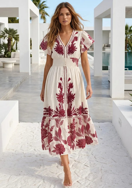 Vestido largo de algodón de lujo bordado a mano para mujer, cuello en V - Yamira