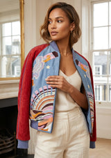 ibBan Luxury Hand Embroidered Split Leather Sleeve Bomber Collar Jacket - Broklyn