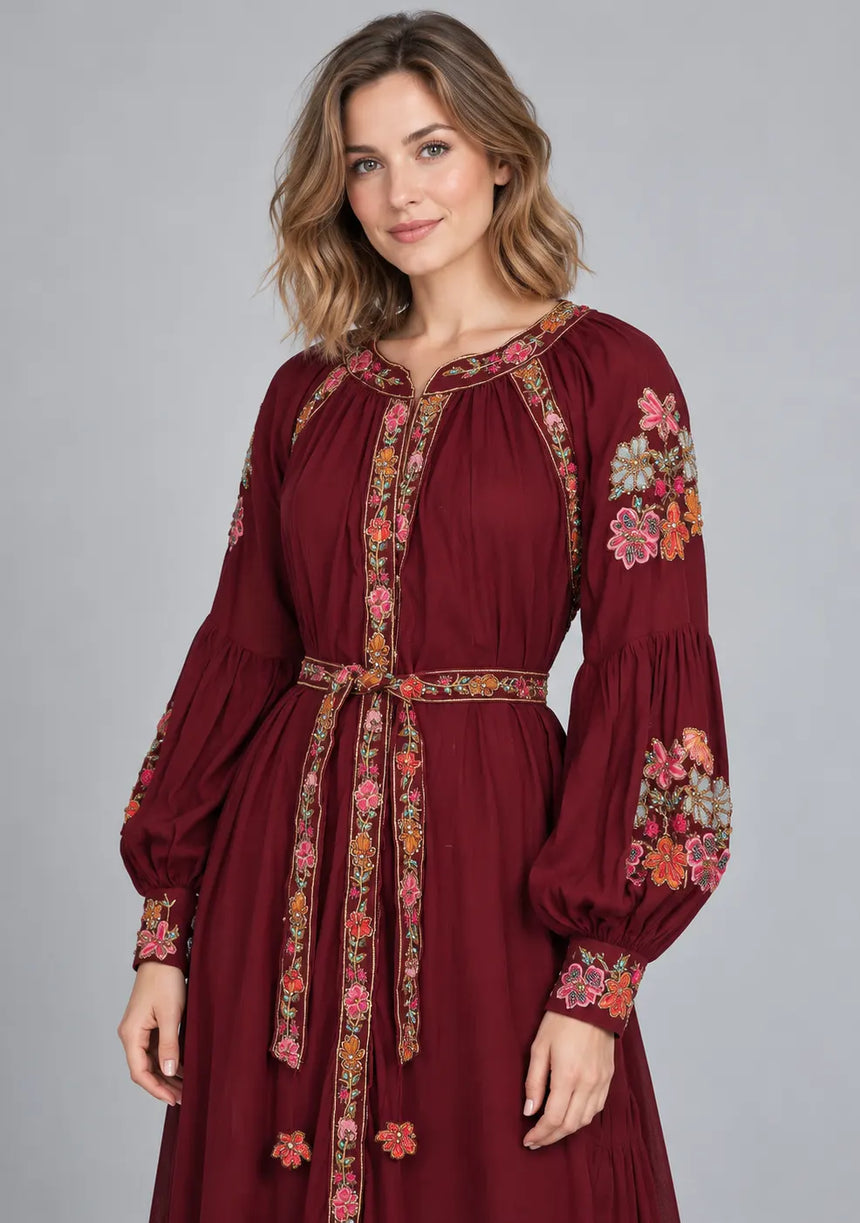ibBan Floral Cotton Long Dress wint Hand Embroidery - Zayra