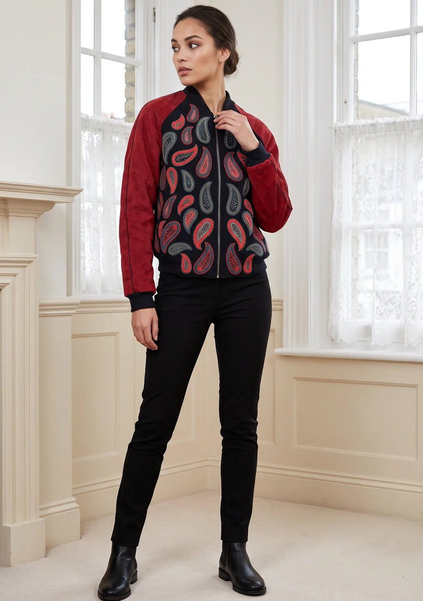 ibBan Women's Winter Leather Sleeve Jacket | Hand Embroidered Designer Bomber -Paisley jacket