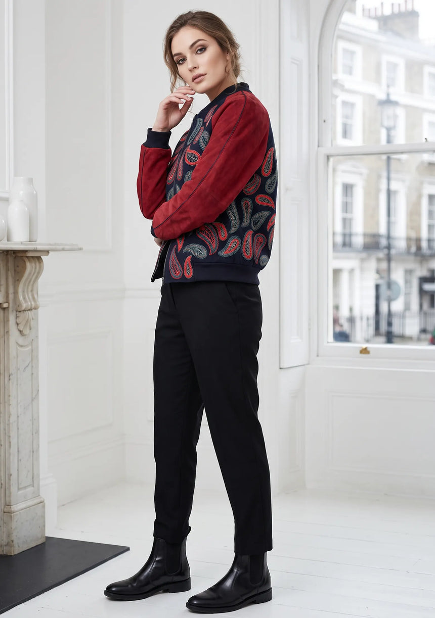 ibBan Women's Winter Leather Sleeve Jacket | Hand Embroidered Designer Bomber -Paisley jacket