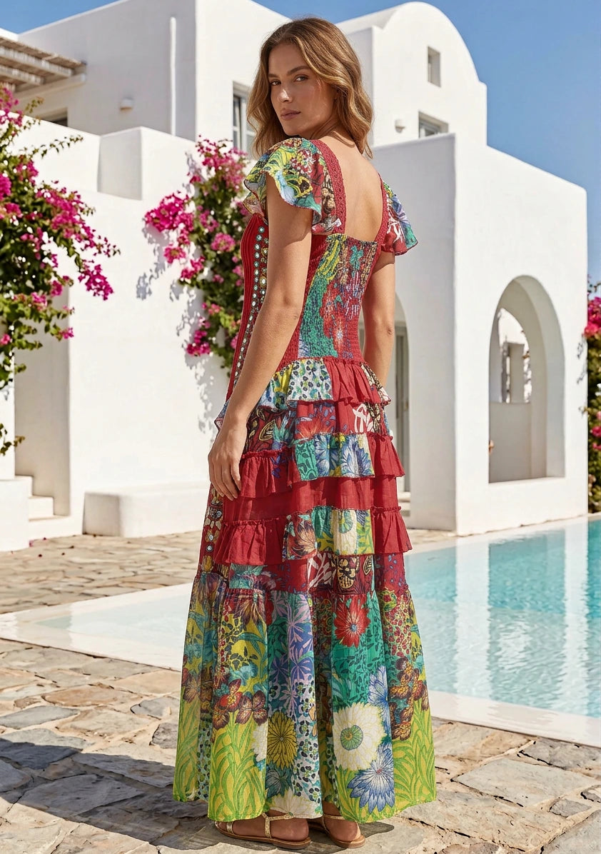 Vestido largo de algodón con cuello en V para mujer - Sanura