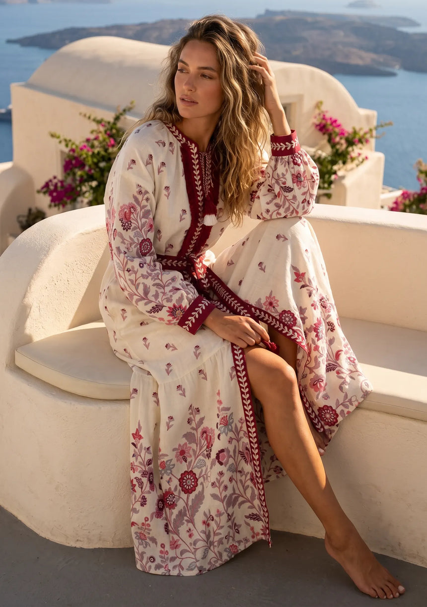 ibBan Printed Cotton Maxi Dress with Hand Embroidery | Luxury Resort Wear - Aizal long dress