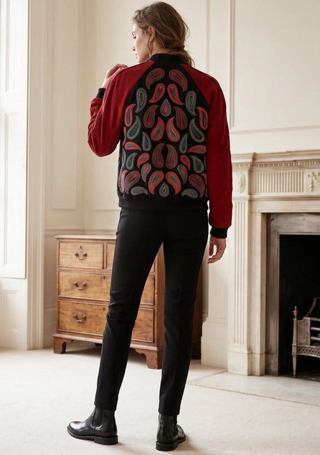 Veste en cuir d'hiver à manches pour femme ibBan | Blouson aviateur brodé main - Veste Paisley
