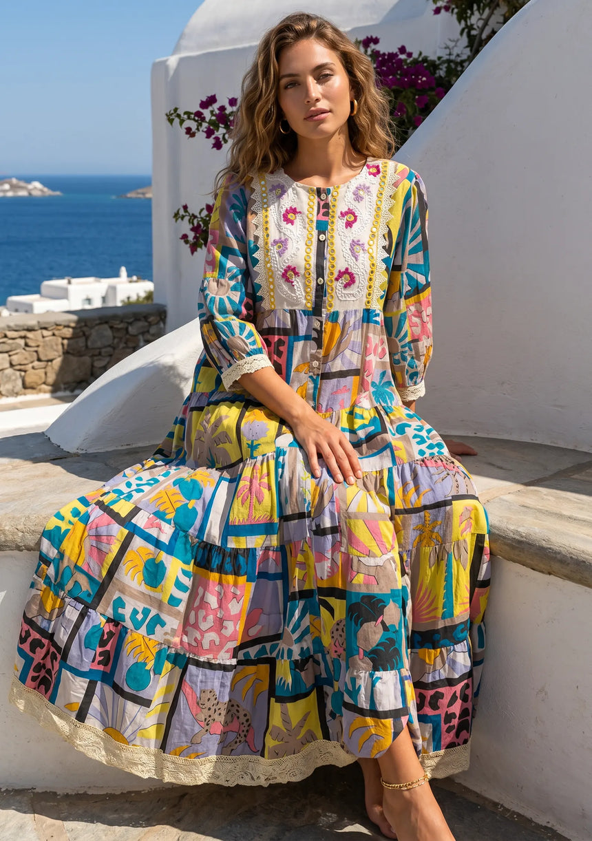 ibBan Printed Cotton Long Tunic Dress | Women's Boho Resort Wear - Behran