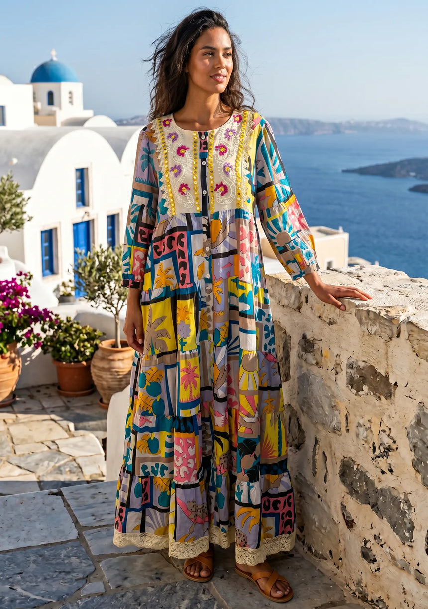 ibBan Printed Cotton Long Tunic Dress | Women's Boho Resort Wear - Behran