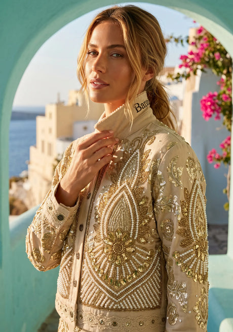 ibBan Hand Embroidered Jacket | Luxury Beaded Cotton Canvas Organza Jacket - Vidha