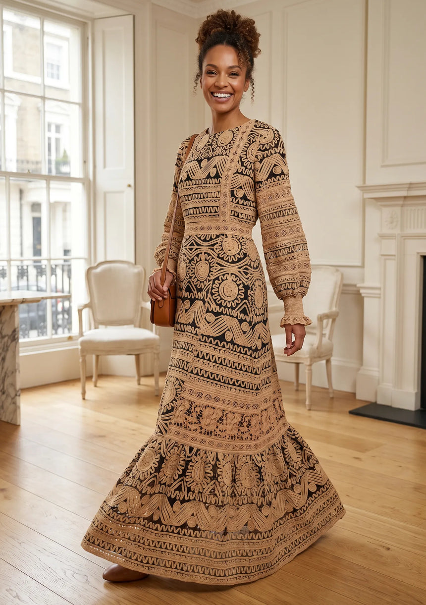 ibBan Winter Embroidered Long Dress | Elegant Women's Occasion Wear - Dori