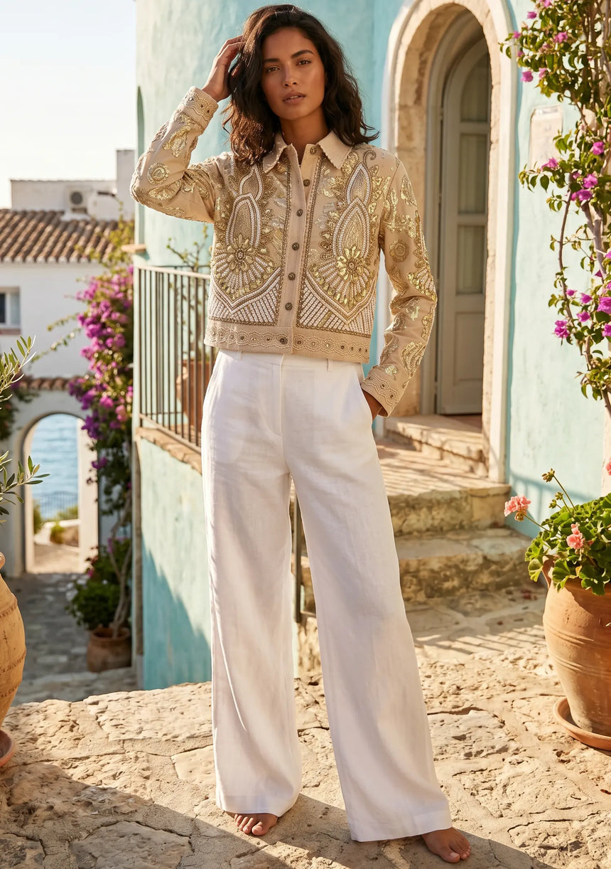 ibBan Hand Embroidered Jacket | Luxury Beaded Cotton Canvas Organza Jacket - Vidha