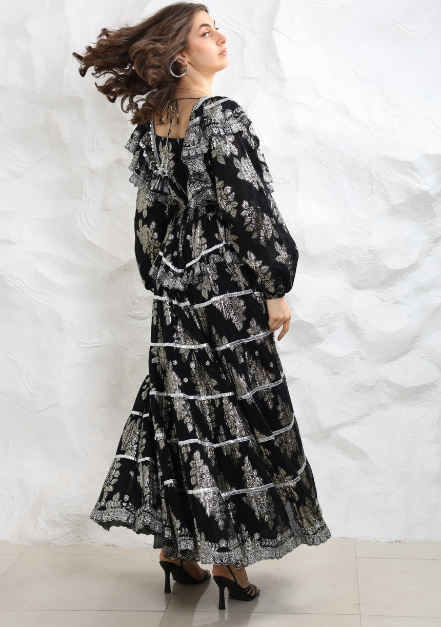ibBan Hand Embroidered Cotton Lurex Winter Long Dress | Luxury Occasion Wear - Sofia