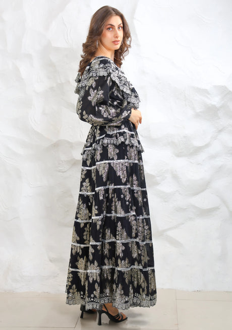 ibBan Hand Embroidered Cotton Lurex Winter Long Dress | Luxury Occasion Wear - Sofia