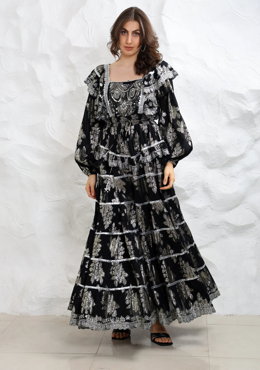 ibBan Hand Embroidered Cotton Lurex Winter Long Dress | Luxury Occasion Wear - Sofia