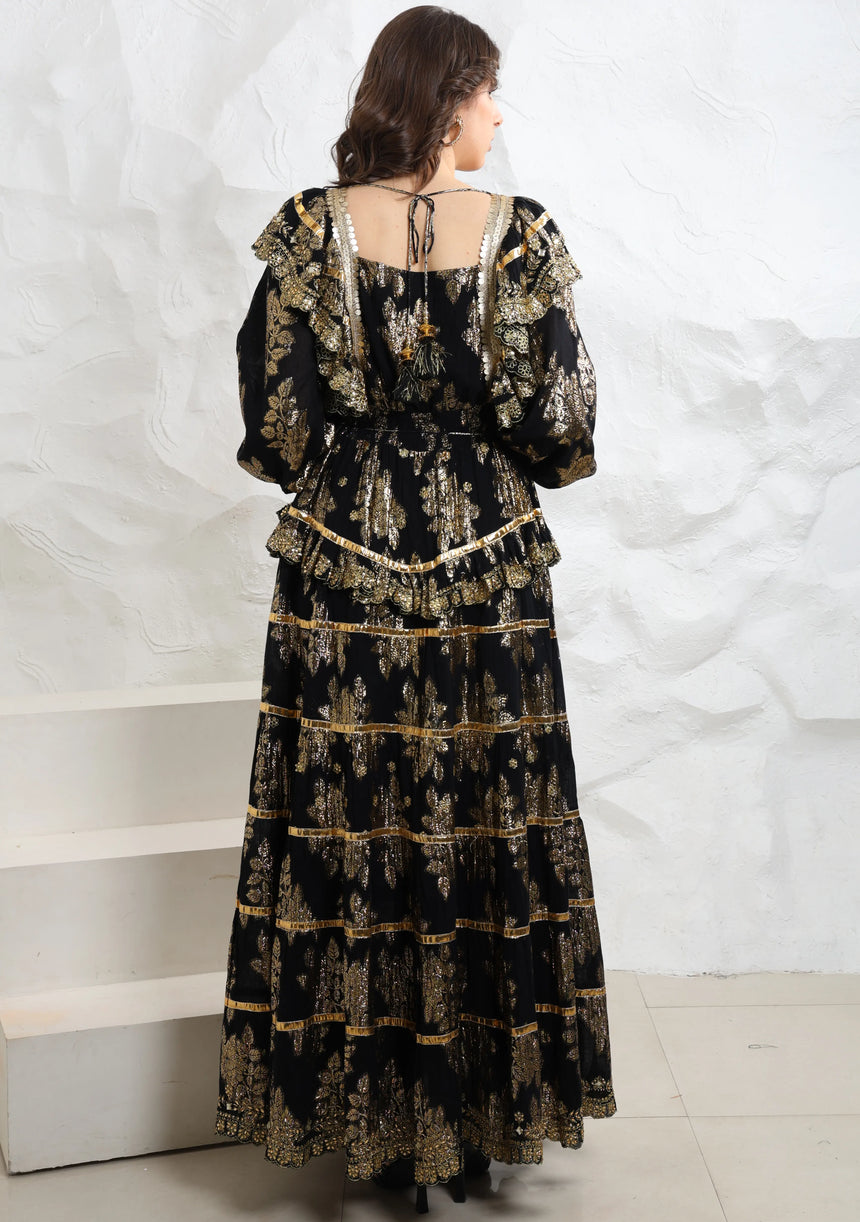 ibBan Hand Embroidered Cotton Lurex Winter Long Dress | Luxury Occasion Wear - Sofia