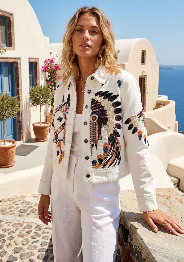 Artistic horse and tribal-inspired hand embroidery Women Jacket- Clara Jacket