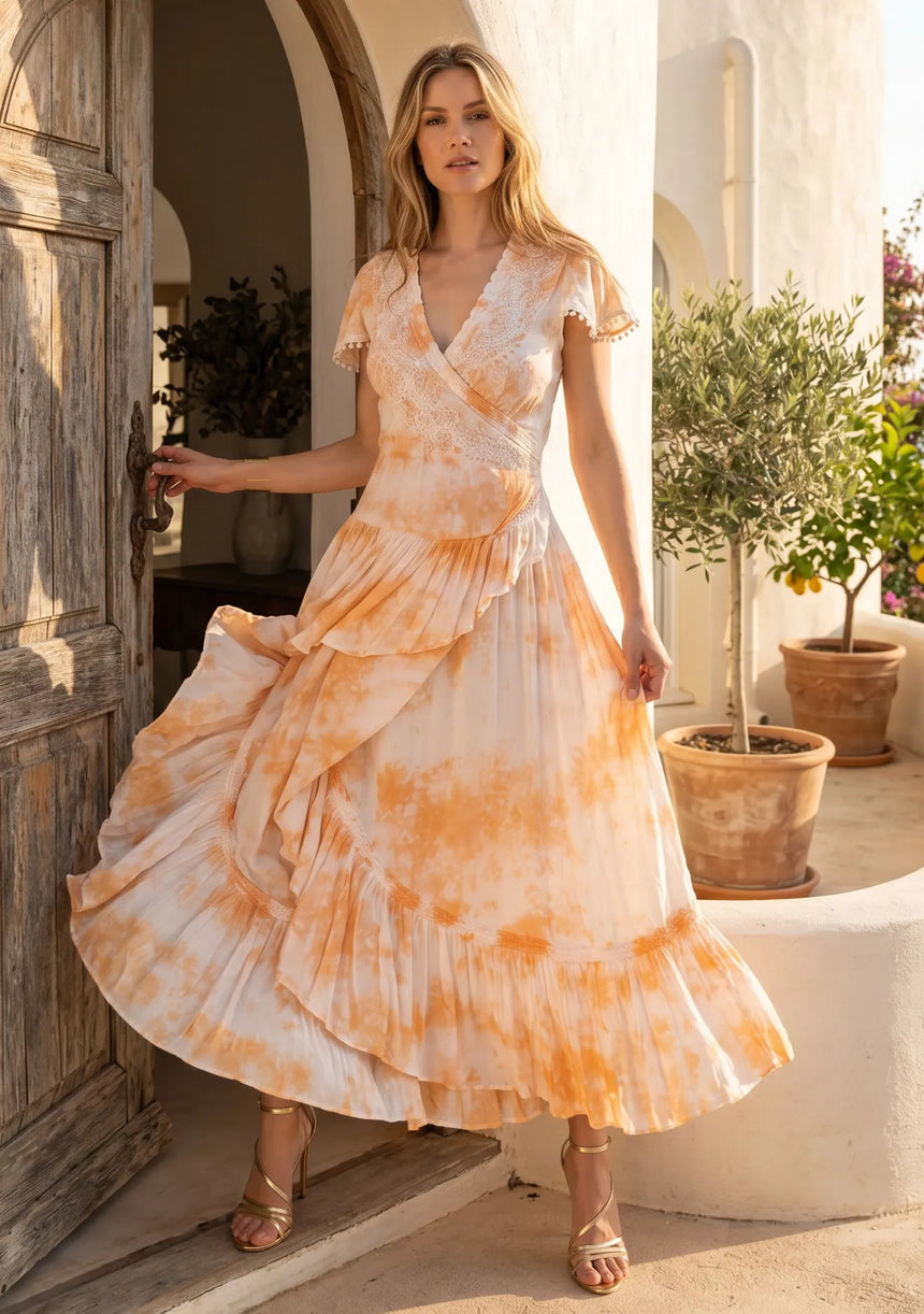 ibBan Tie-Dye Rayon Maxi Dress with Hand Embroidery -Pedi
