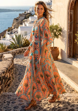 ibBan Hand-Embroidered Cotton Long Dress with Palm Print - Nashwa