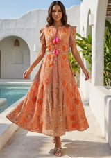 Women's Hand Embroidered Luxury Cotton Long Dress Round Tie-Up Neck - Seliza