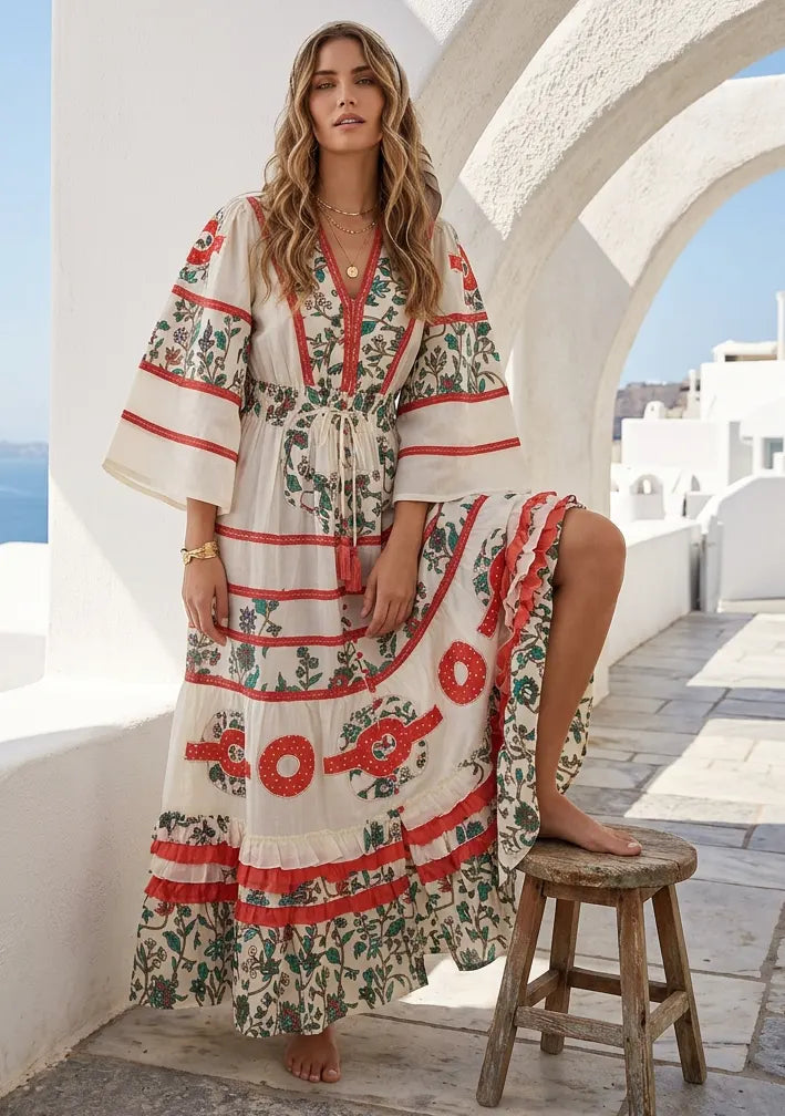 Women's Hand Embroidered Soft Luxury Cotton Maxi Dress V-Neck- Marashi