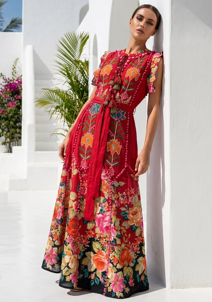 ibBan Floral Hand Embroidered Cotton Long Dres -Nagozi