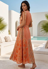 Women's Hand Embroidered Luxury Cotton Long Dress Round Tie-Up Neck - Seliza