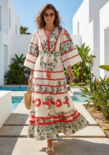 Women's Hand Embroidered Soft Luxury Cotton Maxi Dress V-Neck- Marashi