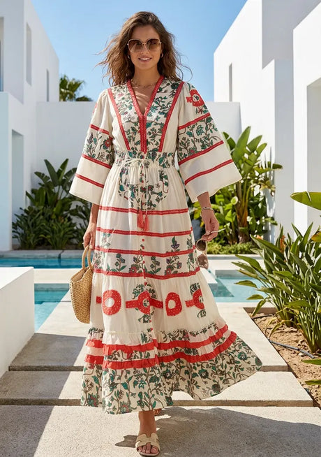 Women's Hand Embroidered Soft Luxury Cotton Maxi Dress V-Neck- Marashi