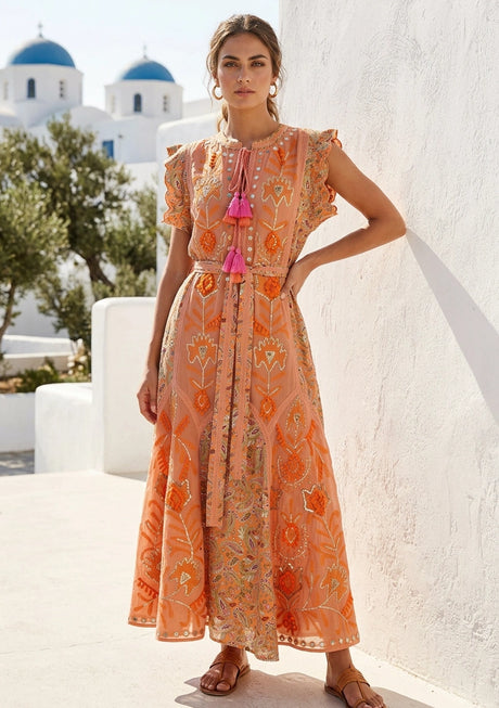 Women's Hand Embroidered Luxury Cotton Long Dress Round Tie-Up Neck - Seliza