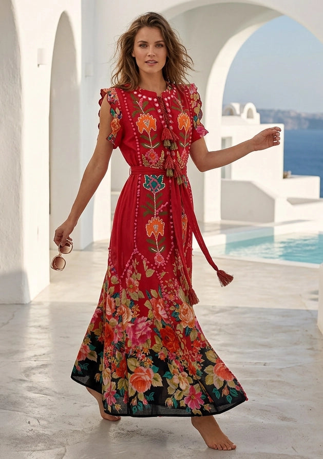ibBan Floral Hand Embroidered Cotton Long Dres -Nagozi