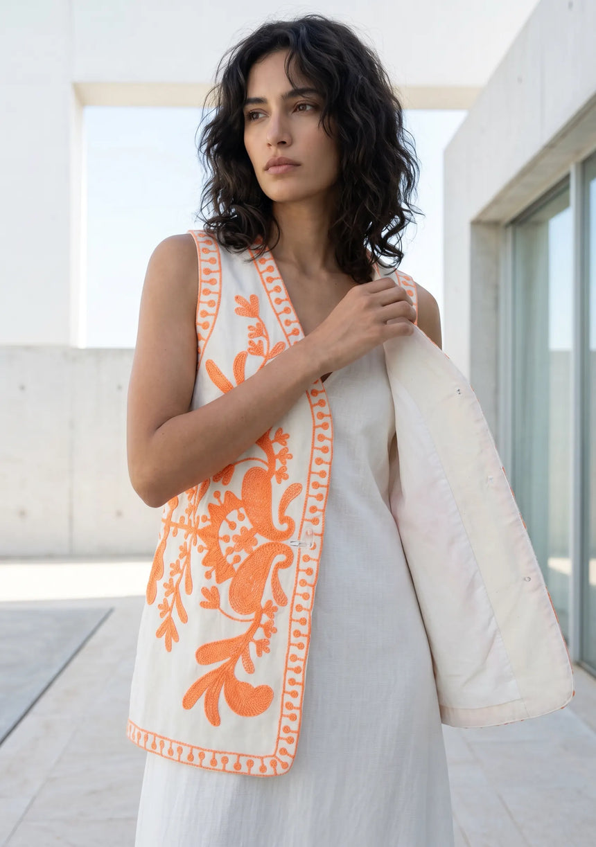 ibBan Hand Embroidered Summer Vest | Women's Cotton Canvas Designer Vest - Perla