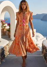 Women's Hand Embroidered Luxury Cotton Long Dress Round Tie-Up Neck - Seliza