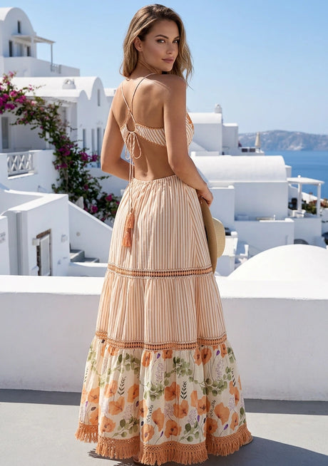 Women's Hand Embroidered Printed Luxury Cotton Sleeveless Strap Dress Halter Neck- Sarifa