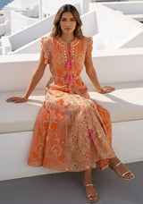 Women's Hand Embroidered Luxury Cotton Long Dress Round Tie-Up Neck - Seliza