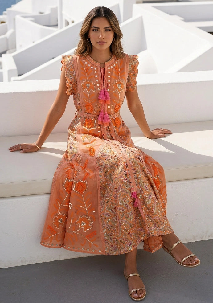 Women's Hand Embroidered Luxury Cotton Long Dress Round Tie-Up Neck - Seliza