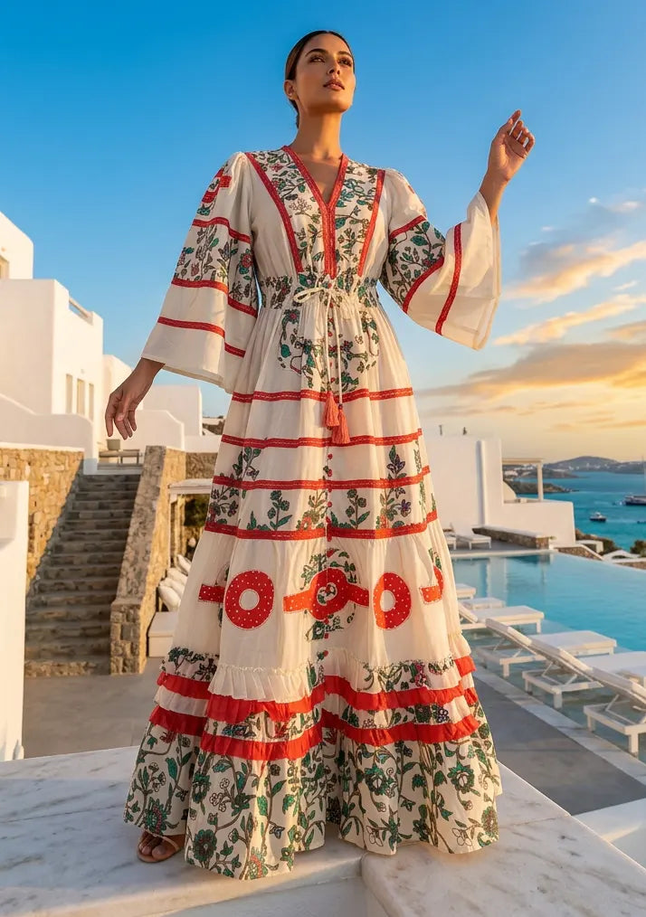 Women's Hand Embroidered Soft Luxury Cotton Maxi Dress V-Neck- Marashi