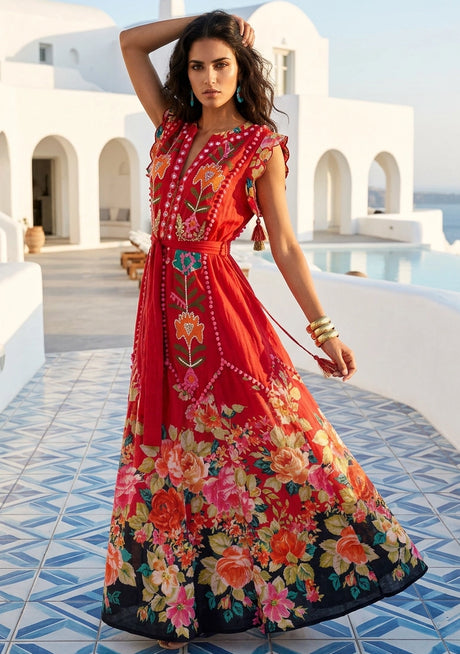 Vestido Maxi de Algodón Bordado a Mano para Mujer Cuello Redondo - Nagozi
